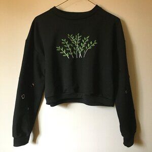 Elpam Black Crop Top Sweater With Botanical Embroidery